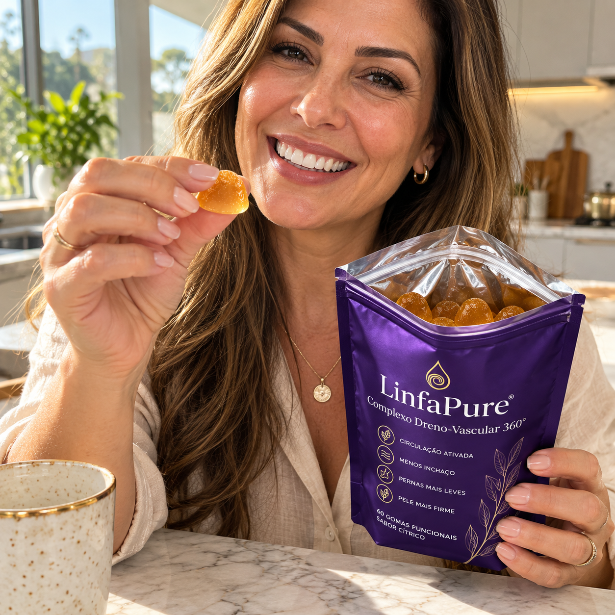 Cliente abrindo o pouch LinfaPure com revestimento metálico