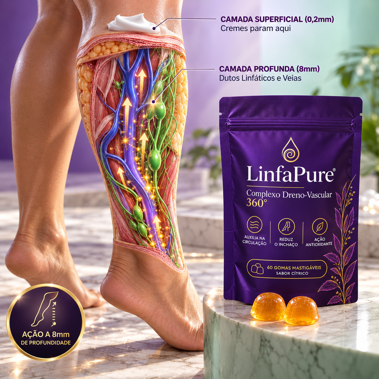 Perna em corte 3D mostrando a camada superficial de 0,2mm e a camada profunda de 8mm ao lado do pouch LinfaPure®