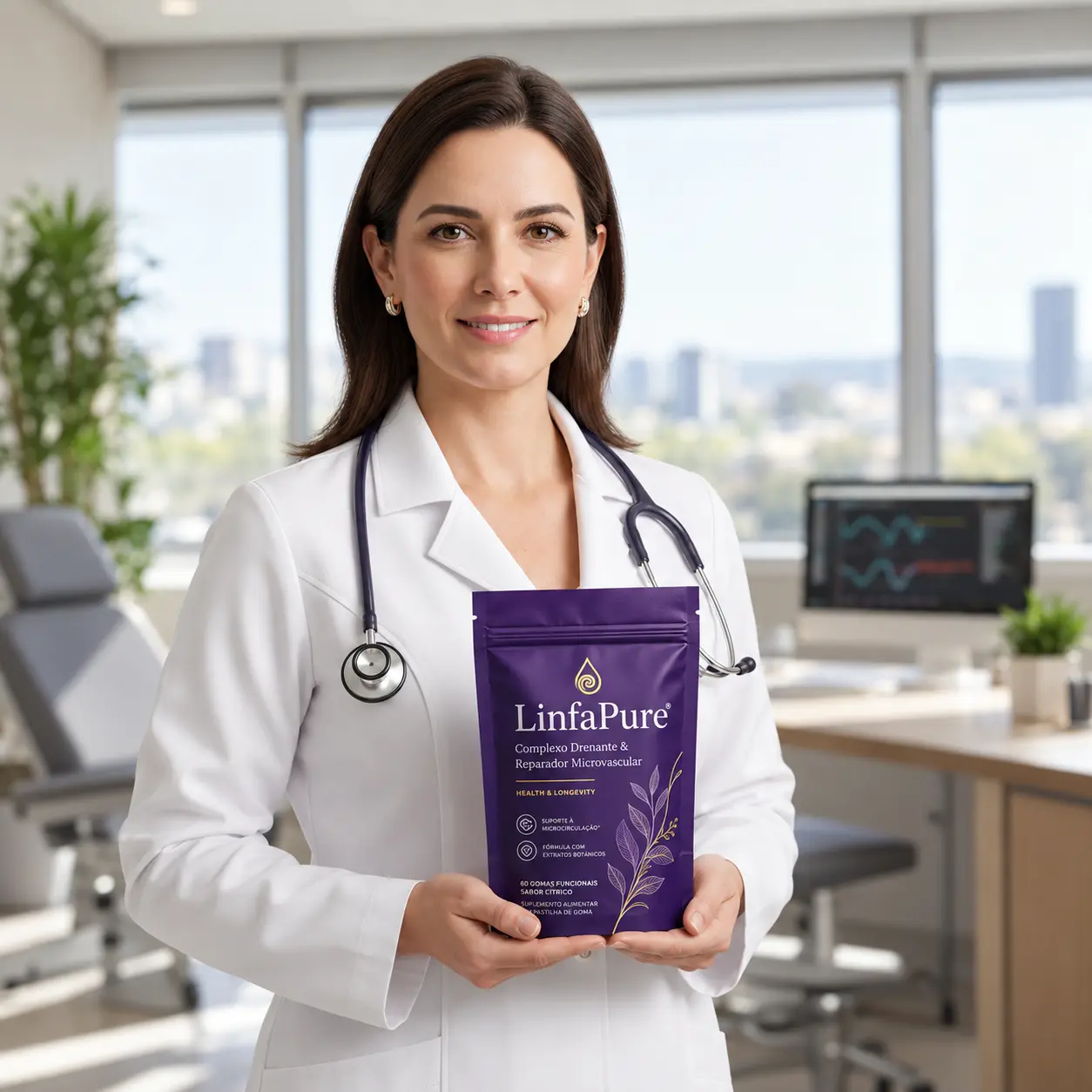 Médica em consultório segurando LinfaPure